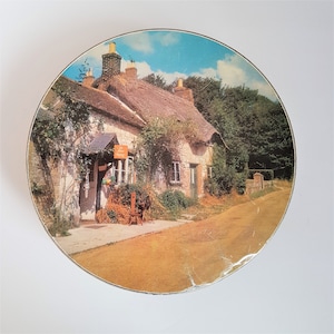 Large Round Vintage Cookie Candy Tin Canister Container/Box with Country View.