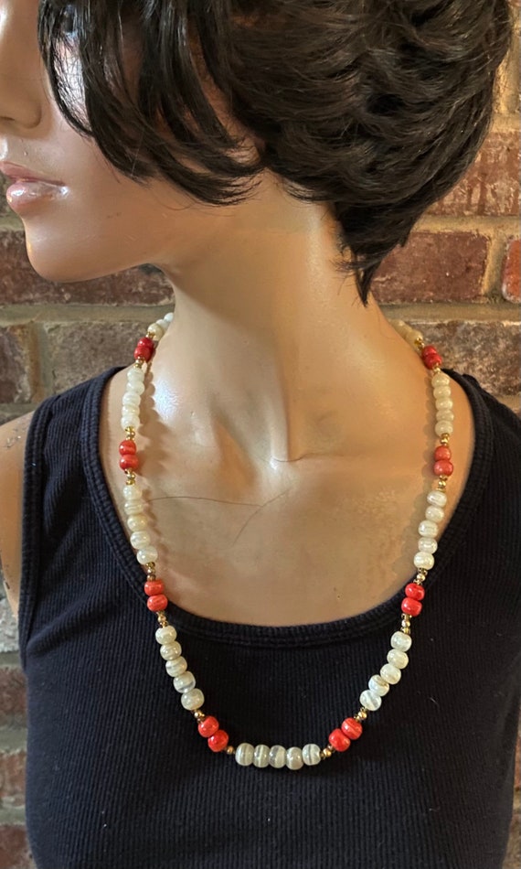 Red and white shell beaded necklace