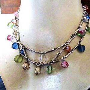 Vintage Necklace  Multi-strand Silver Tone, Drops of Dainty Pastel Glass Beads
