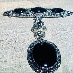 SALE Marcasite, sterling & onyx broochSALE