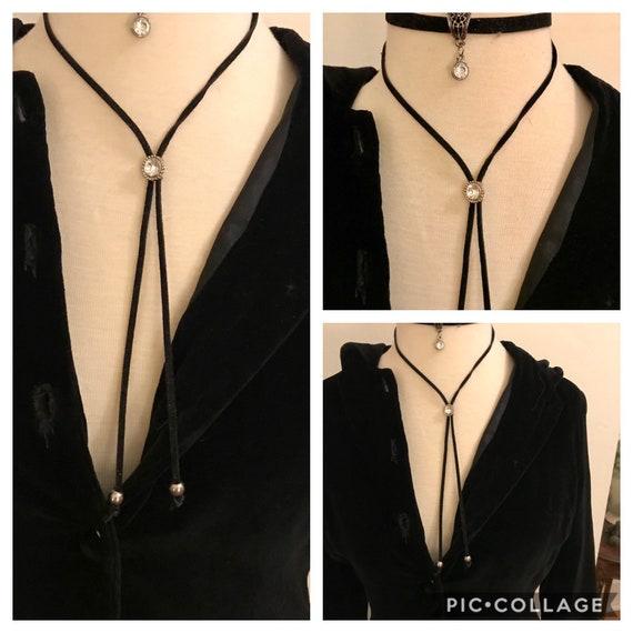 Lariat black velvet choker necklace with rhineston