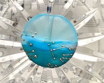 Tropical Shore Turquoise Blues Pure Silver Trailed Seaglass Lentil Focal Glass Bead - approx 30mm x 11mm thick