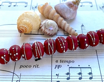 Lipstick Red 10 x Handmade Lampworked Pure Silver Trailed Etched Seaglass Spacer Beads