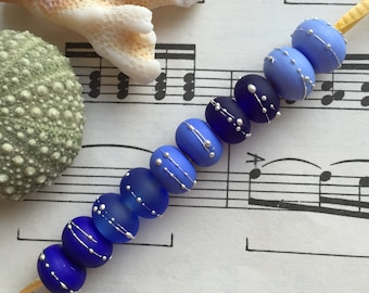 Intense Blues - 10 x Handmade Glass Lampworked Pure Silver Trailed Etched Seaglass Spacer Bead Pairs