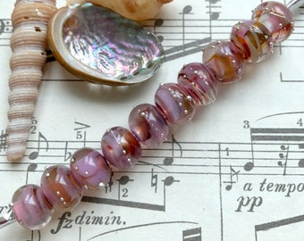 Wine & Roses - 10 x Pink Magenta -Clear Handmade Lampwork Glass Beads 10mm x 7mm