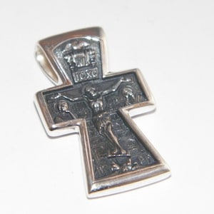 Met de hand gemaakt in de VS Two-Faces Oxidized Solid 925Sterling Silver Cross Doop van Jezus Orthodox Cross