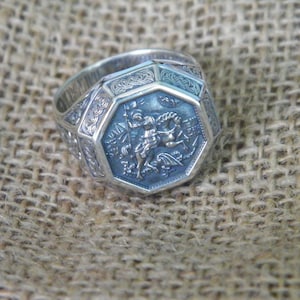 Handcrafted in USA Oxidized .925 Sterling Silver Eastern Orthodox Ring "St. George The Conqueror"- Custom Size