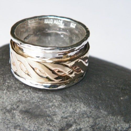 Hammered 2 Band Sterling Silver and Brass Spinner Ring - Etsy