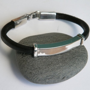 Sterling Silver.925 and  Black Leather Handcrafted Bracelet Bangle Cuff