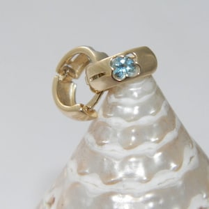 Handcrafted 14 K Yellow Gold Hoop Huggies Earrings with Round Aquamarine Gemstones