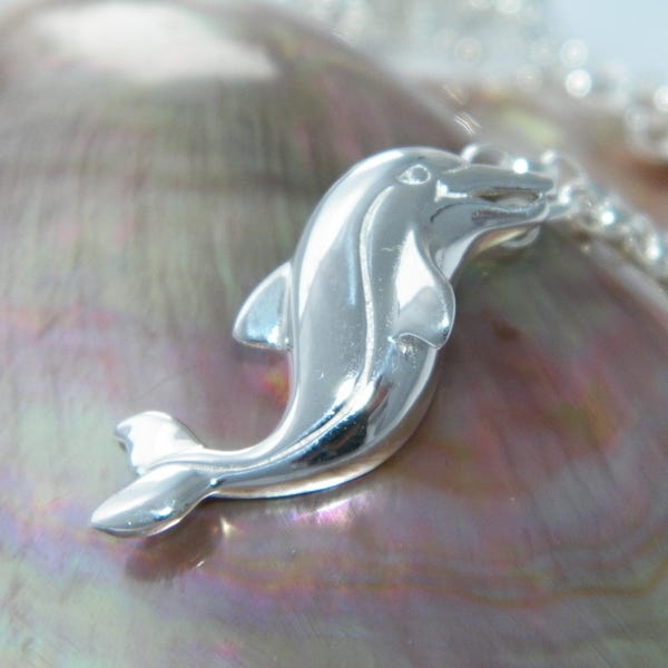 Wunderschöne 3D.925Stering Silber Delfin Halskette Handarbeit mit ovaler Rolo Kette 18.5"
