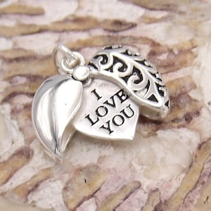 Hand made in USA  Heart Pendant Oxidized Solid 925 Sterling Silver Wings Open To Reveal Message &quot;I Love You