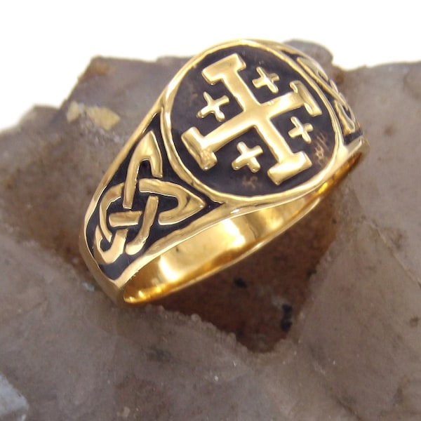 Hand Made in USA Solid.925 Sterling Silver Celtic Knot and Jerusalem Cross Ring Black Enamel,14 K Yellow Gold Plated-Custom size