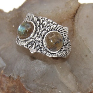 Hand made Solid.925 Sterling Silver Oxidized Owl Ring With Labradorite Cabochons-Custom size