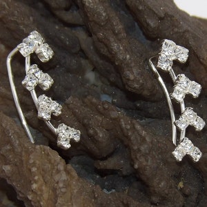 Handcrafted Solid.925 Sterling Silver Ear Pins with White Crystal Glass Stones Ear Crawlers | Ear Climber Earrings | Ear Crawler