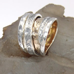 14 K Gold Ring Hand Made in USA Hammered Solid 14 K Gold Band Ring and Sterling Silver Spinner Ring 1.5 mm Diamond Stone-size US 8