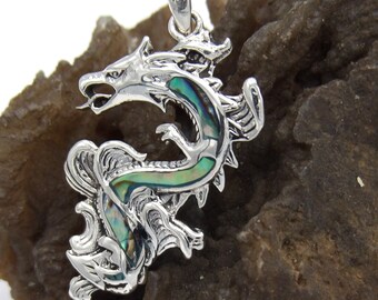 Dragon Gift For Her For Him Hand Made 925 Sterling Silver Oxidized  Pendant with Abalone Shell