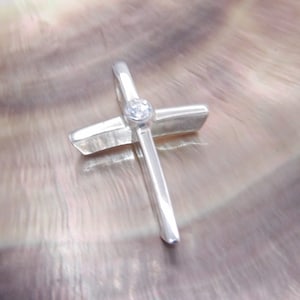 Hand made in USA Solid.925 Sterling Silver reliquary cross with 3mm Natural Genuine White Zircon Stone