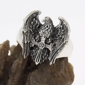 Handcrafted Oxidized.925 Sterling Silver Oxidized Eagle And Sword Biker Ring-Custom size