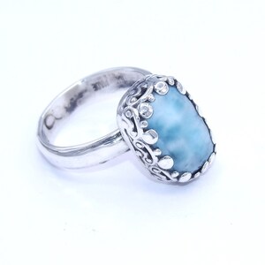 Hand made in USA Oxidized Solid .925 Sterling Silver and Natural Blue Larimar Stone Art Design Ring- size US 5.75