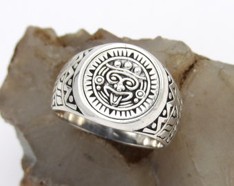 Handgefertigt in USA 925 Sterling Silber oxidierter aztekischer Kalender Ring-Benutzerdefinierte Größe