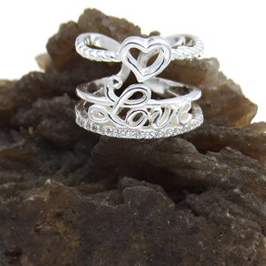 Handcrafted Solid.925 Sterling Silver Heart Love Ring with 18 White CZ Stones Open Adjustable size US 5.5 up to size US 9