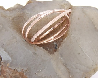 Hand Made in USA Solid 14 K Pink Gold Interlocking Triple Band Rolling Ring  Wedding Band-Custom size