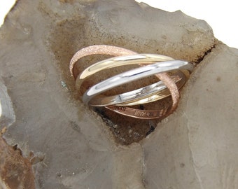 Hand made in USA Solid 14 K Three Colors Gold Interlocking Triple Band Rolling Ring Wedding Band--Custom Order Size