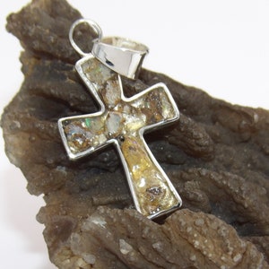 Hand made in USA Handcrafted Artisan Solid .925 Sterling Silver Genuine Fire Opal Mosaic Cross Pendant