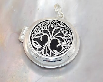 Hand made in USA 925 Sterling Silver Celtic Tree Of Life Locket Pendant, Decorated with Colored Black Enamel