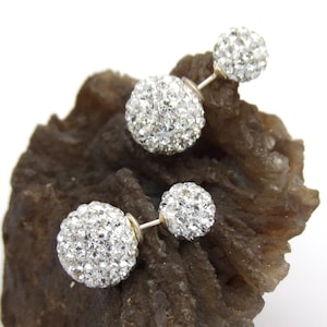 Hand Made in USA.925 Sterling Silver Ball Push-Back Earrings, Decorated with White Crystals Stones