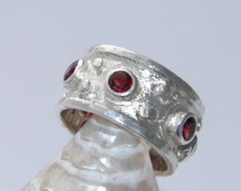 Hand Made Hammered .925 Sterling Silver with 6 Stones Natural Garnet Ring-Custom Size