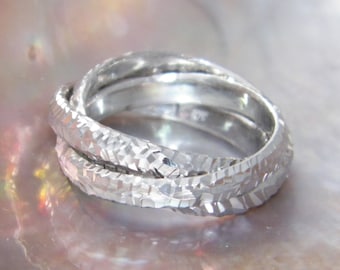 Anillo rodante de 3 bandas entrelazadas de plata de ley 925 hecho a mano, tamaño de boda 9,75