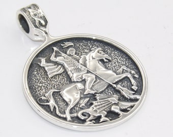 Hand Made in USA Oxidized .925 Sterling Silver Eastern Orthodox Pendant "St. George The Conqueror"