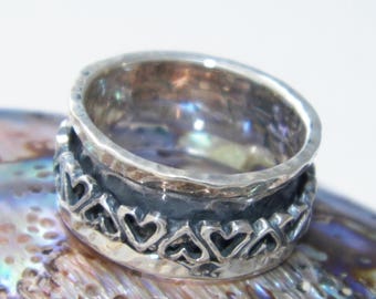 Hand Made Hammered .925 Sterling Silver Heart Spinner Ring-Custom Size