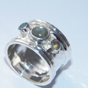 Handcrafted Hand Made in USA Hammered.925Sterling Silver Band Ring Labradorite Stones-Custom Size