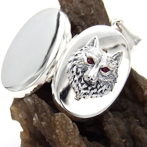 Hand made in USA Oidized.925 Sterling Silver 3 D Wolf Head Locket handcrafted Red CZ Stones Eyes
