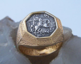 Handcrafted.925 Sterling Silver Eastern Orthodox Ring "St. George The Conqueror" 18 K Gold Pated  1 micron Thickness_Custom Size