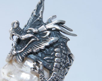 Anillo de plata esterlina 925 masiva de arte hecho a mano con diseño de dragón, tamaño personalizado