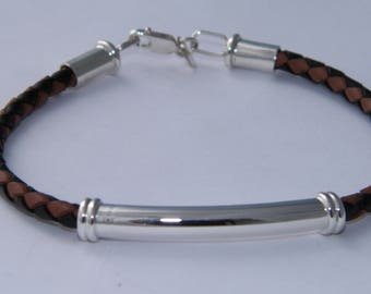 Hand Made in USA Natural 4.5 mm Black and Brown Bolo Braided Leather Cord Bracelet .925 Sterling Silver