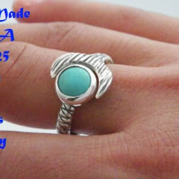 Free Shell Box Hand Made H2O Just Add Water Mako Mermaid Tail Ring Manmade Turquoise 8 mm 925 Sterling Silver