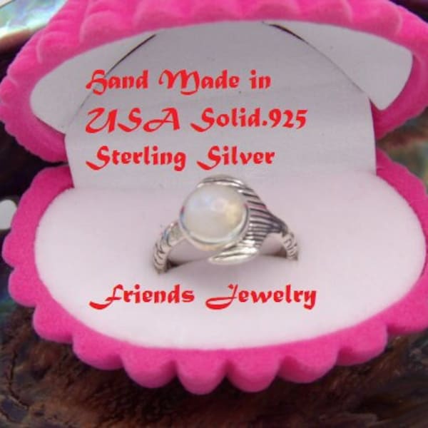 NEW Hand Made in USA 925 Sterling Silver and 10 mm Mounted Natural Rainbow Moonstone Cabochon Mako Secret Pool SirenaLylaNixie -Custom size