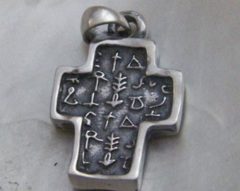 Hand made in USA  two-faces .925 Oxidized Solid Sterling Silver Old Symbols Cross