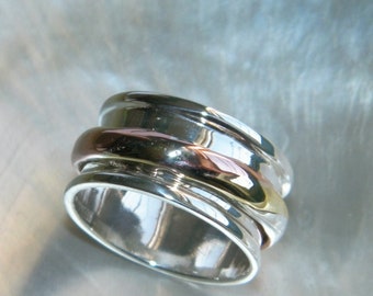 Hand made in USA Handcrafted .925 Sterling Silver 3 Mixed Metals Spinner Ring Size -Custom size