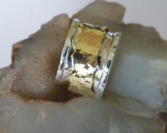 Hammered 2 band Sterling Silver and Brass Spinner Ring- Stamped.925 Handcrafted-Custom Size