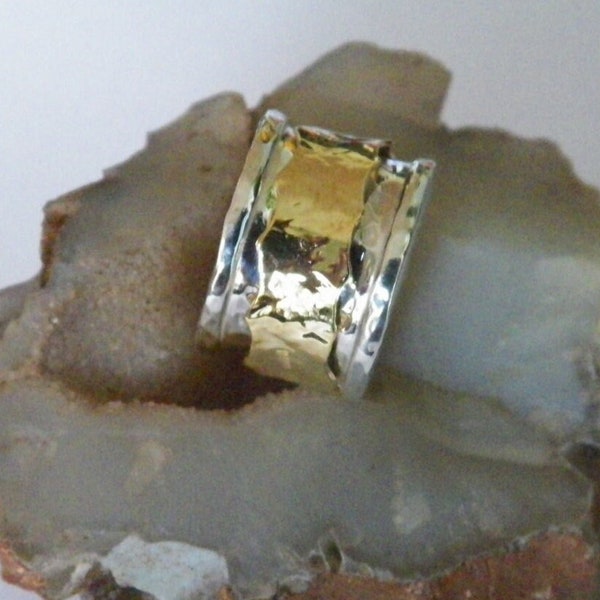Hammered 2 band Sterling Silver and Brass Spinner Ring- Stamped.925 Handcrafted-Custom Size