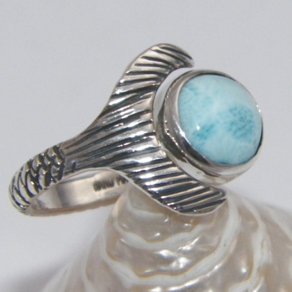 Free Shell Box Unique Hand Made.925 Sterling Silver Real H2O Just Add Water Mako Mermaid Tail Ring Natural Ocean Blue Larimar Cabochon 10 mm