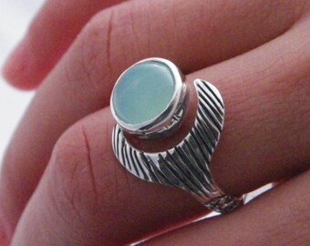 Free Shell Box Unique Hand Made Adjustable H2O Just Add Water Makko Mermaid Tail Ring Natural Aqua Chalcedony Cabochon 925 STerling Silver