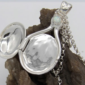 Puede incluir: Collar con dije de plata con acabado martillado y piedra preciosa de ópalo. El dije se abre para revelar un pequeño compartimento para una foto u otro objeto pequeño.