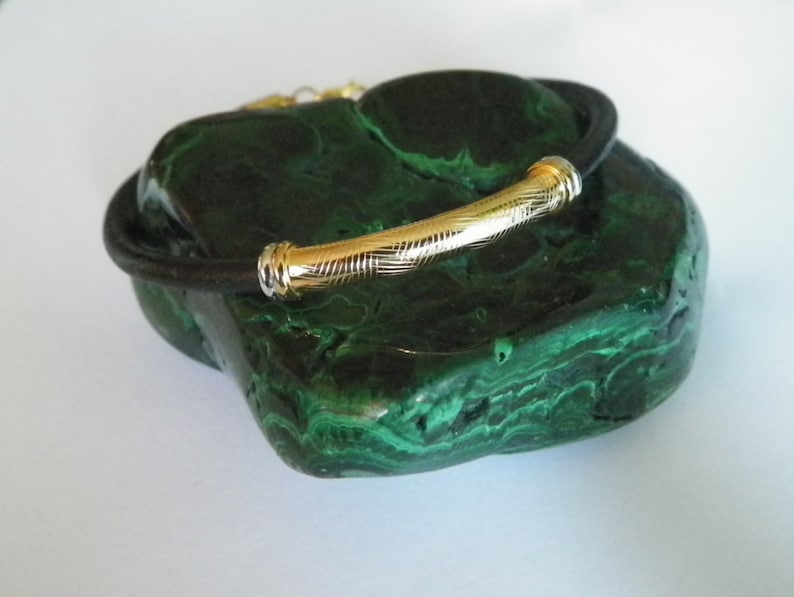 Handcrafted 4mm Leather Cord Bracelet Bangle With .925 Sterling Silver Tube 14 K Gold Plated